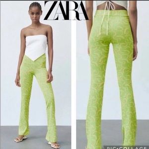 Zara Green & Yellow Patterned Knit Jacquard Flare Pants